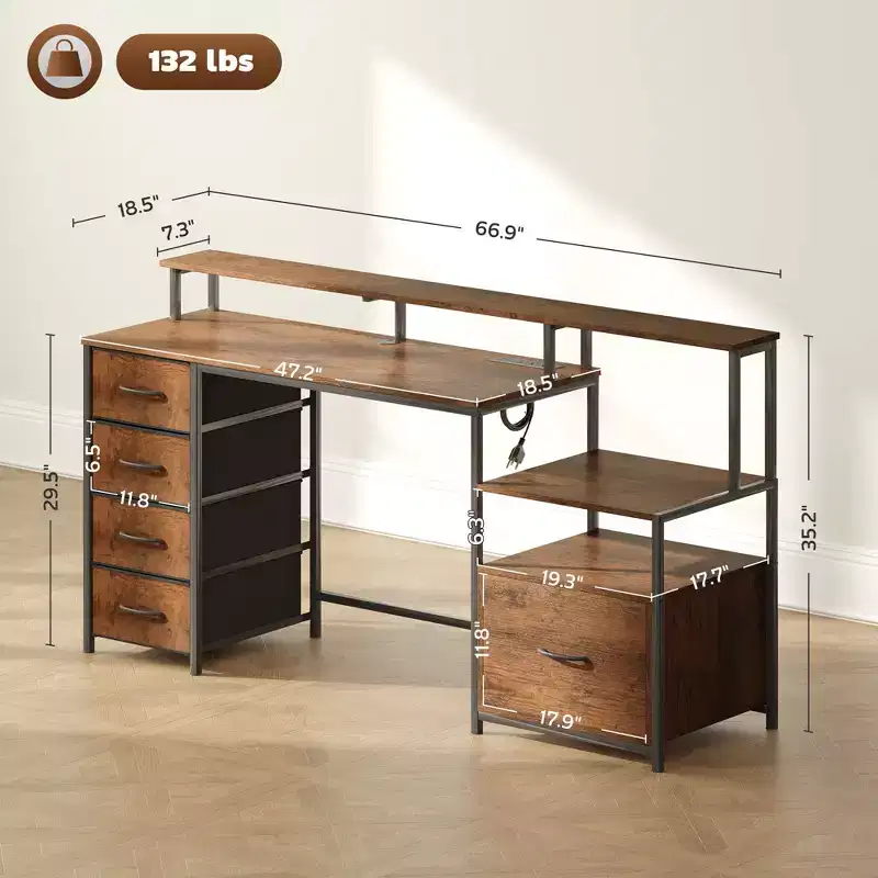 Computer Desk with Power Outlets and LED Lights, 67 Computer Table with File Cabinet and Fabric Drawers