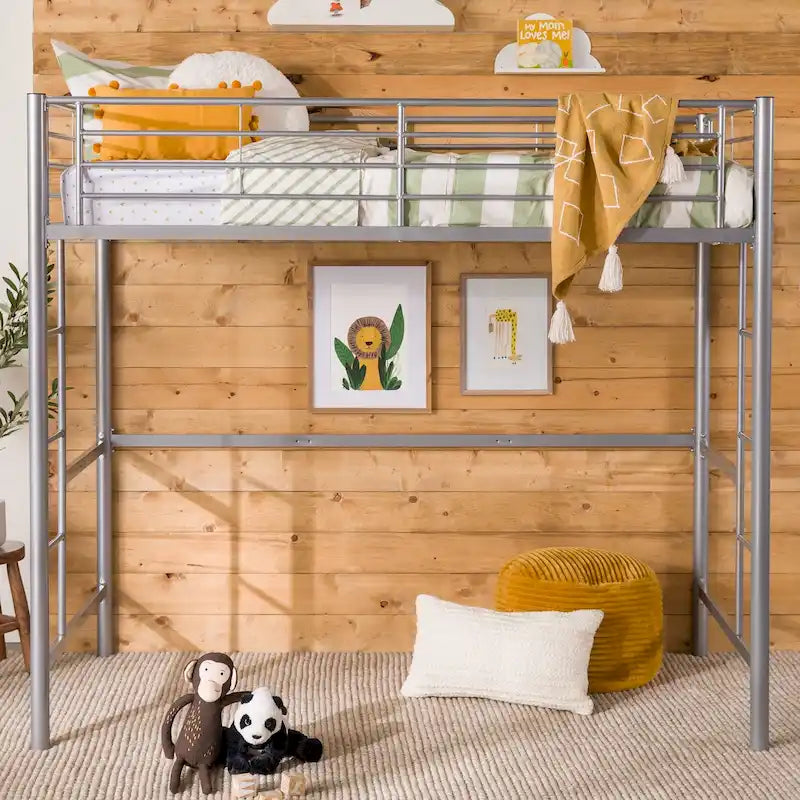 Silver Metal Twin Loft Bed with Dual Ladders and Full Guardrails