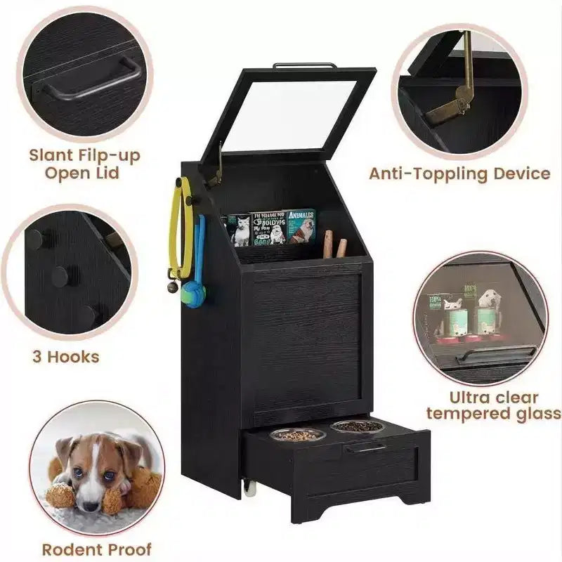 Integrated Elevated Dog Feeding Station, Collapsible Top Dog Food Container, Modern Dining Table Pet Furniture, for Kitchen, Dining Room