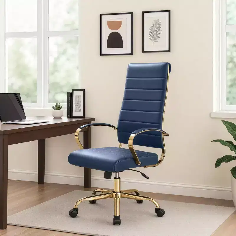 LeisureMod Benmar High-Back Ribbed Leather Office Chair - Modern Swivel & Tilt Executive Desk Chair - Gold Base
