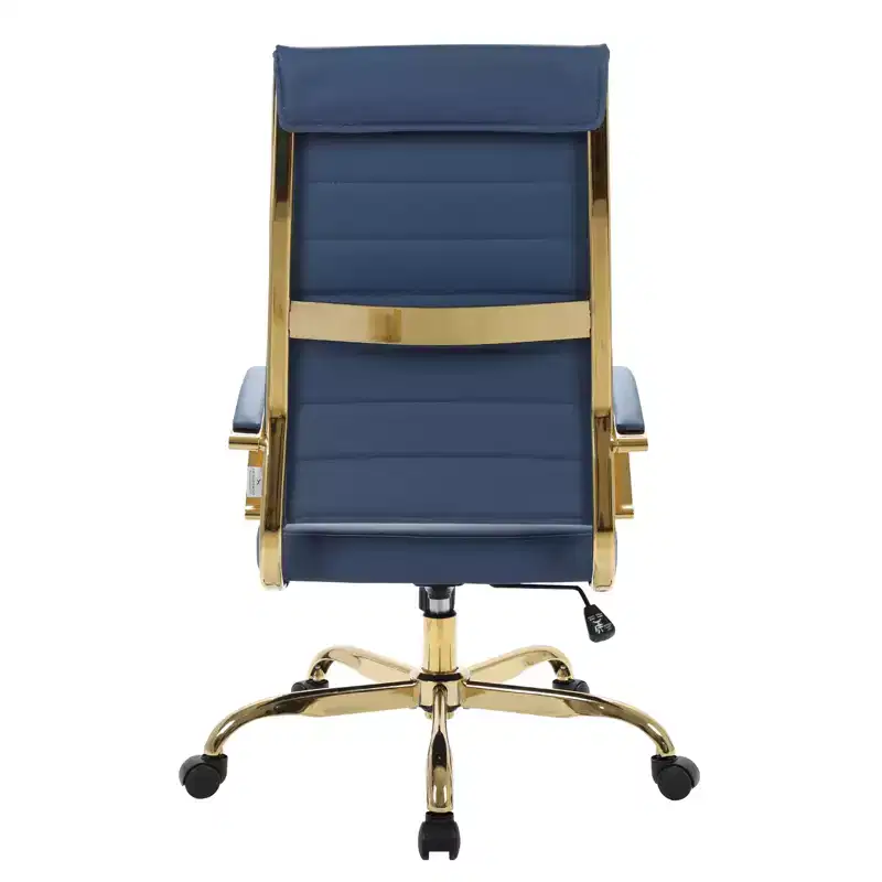 LeisureMod Benmar High-Back Ribbed Leather Office Chair - Modern Swivel & Tilt Executive Desk Chair - Gold Base