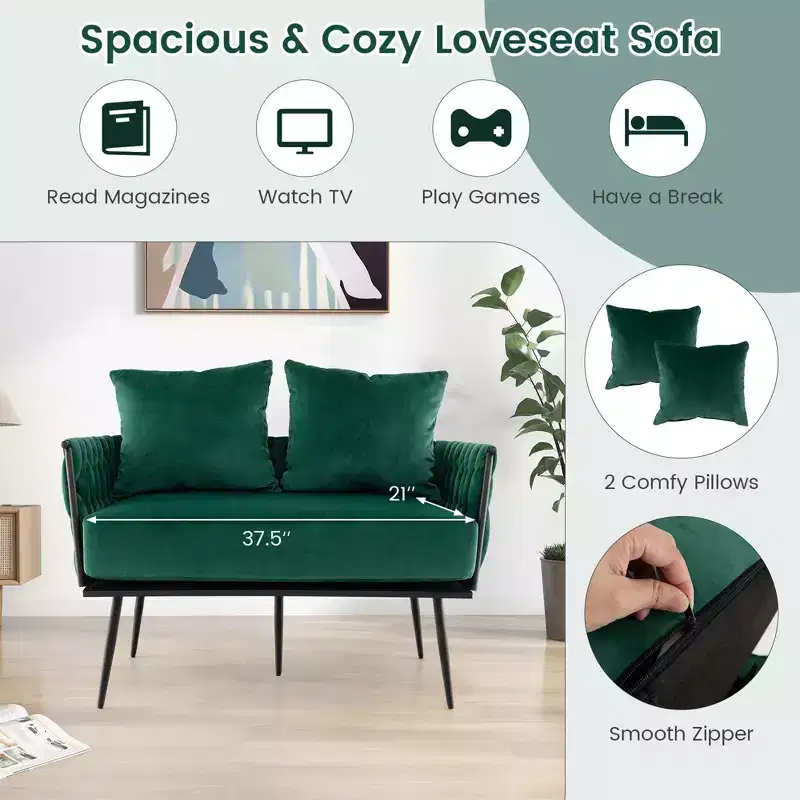 Costway Modern Loveseat Sofa Upholstered Dutch Velvet Couch with Woven Back & Arms Green/Grey
