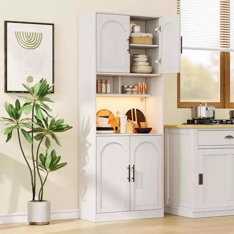 Kitchen Bar Pantry Cabinet with RGB Light, Tall Hutch with Microwave Stand, Barn Doors and 2 Open Shelves