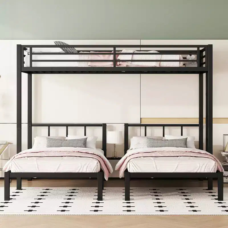 Bellemave Twin over Twin & Twin Metal Triple Bunk Bed, Detachable L-Shape, Convertible to 3 Beds, Guardrails & Shelf, Black