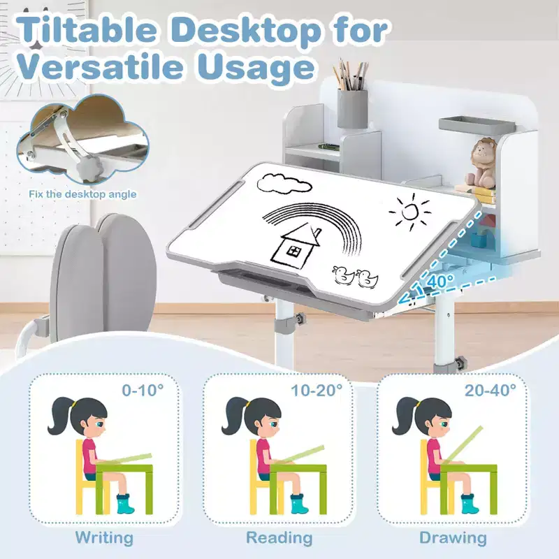 Costway Kids Study Desk & Chair Set with Tilt Desktop, Pen Holder & Tray, Reading Stand Blue/Gray