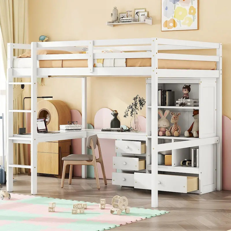 Full Size Wood Loft Bed with L-Shaped Desk, Storage Shelves and Drawers