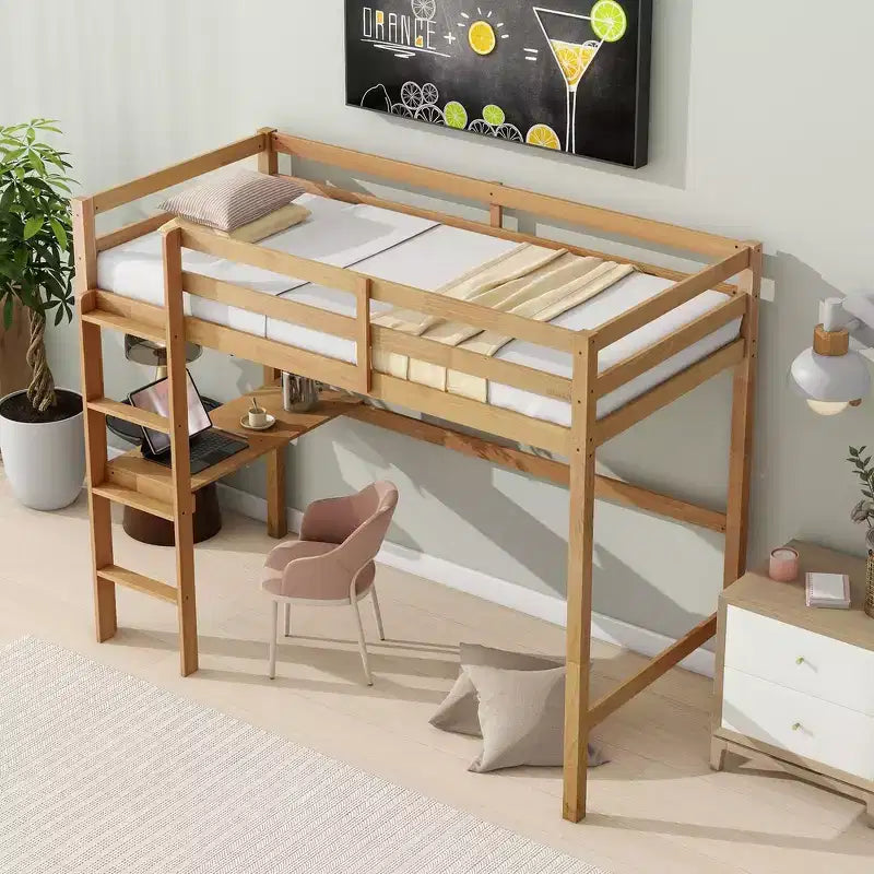 Whisen Twin Size Wood Loft Bed with Built-in Desk & Ladder, Spacious Study Space, Safety Guardrails(Upgraded) - White Oak