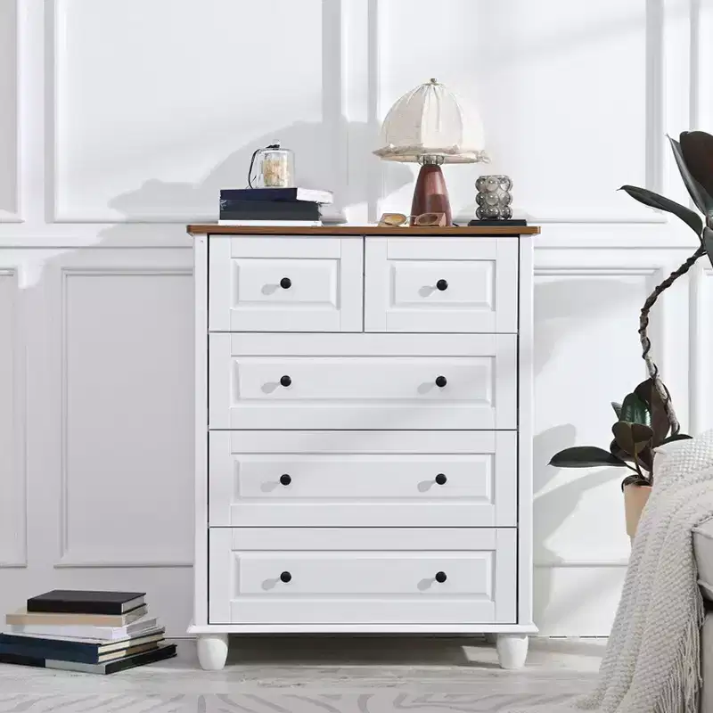 5 Drawer Cabinet for Bedroom MDF Wooden Storage Cabinet Organizer Modern Chest of Drawer for Living Room Hallway White