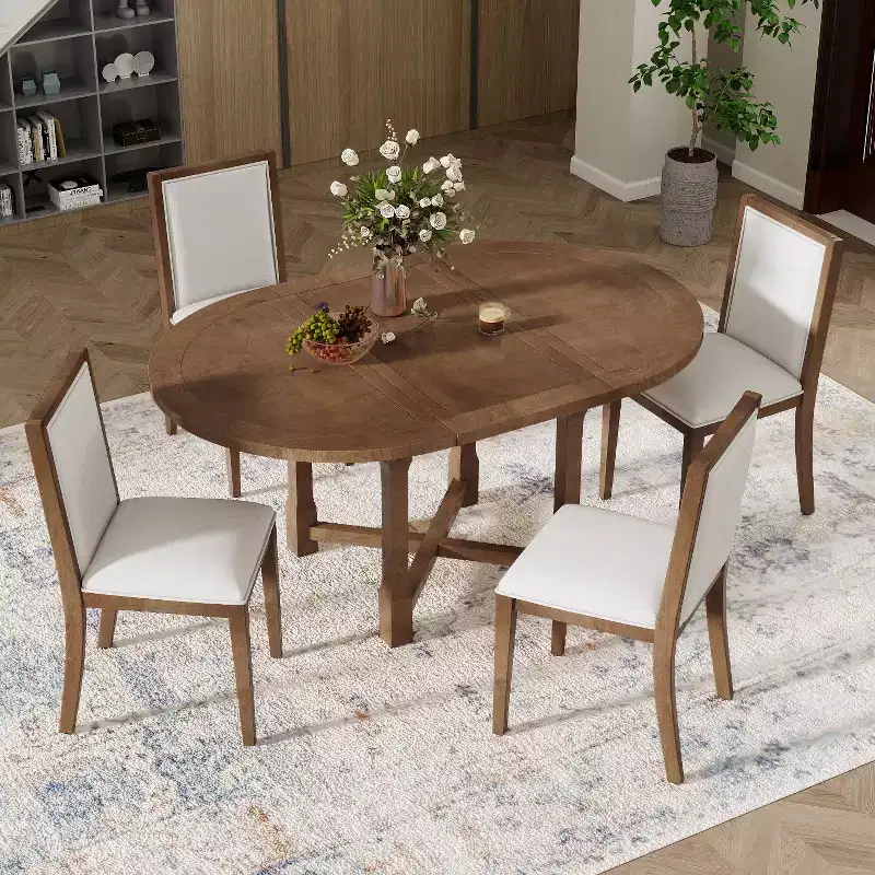 Merax Farmhouse Style Kitchen Table with Removable Leaf & Upholstered Chairs