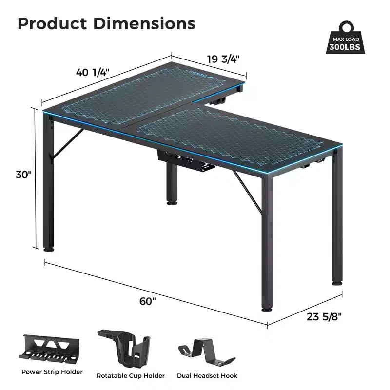 GTG-L60, 60x23 L Shaped Glass Desktop Gaming Desk,Black,48.54 D x 60'' W x 30 H
