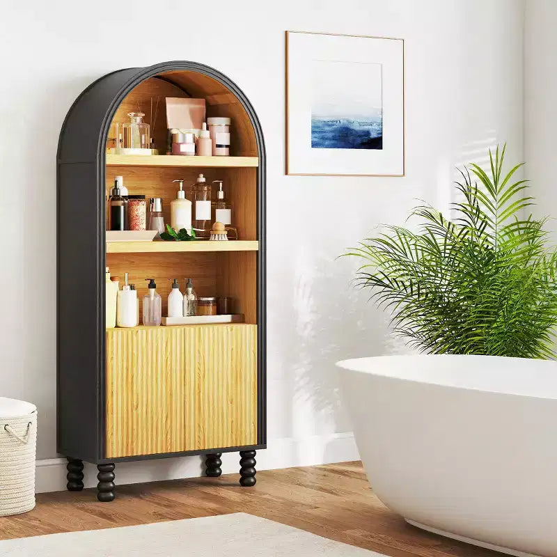 5-Tier Arched Bookcase with Open Shelves & Cabinet