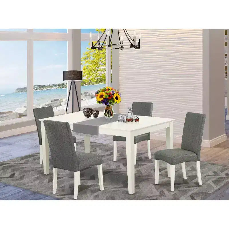 5-Piece Rectangle Linen White Finish Solid Wood Top Dining Table with 4 Parson Chair