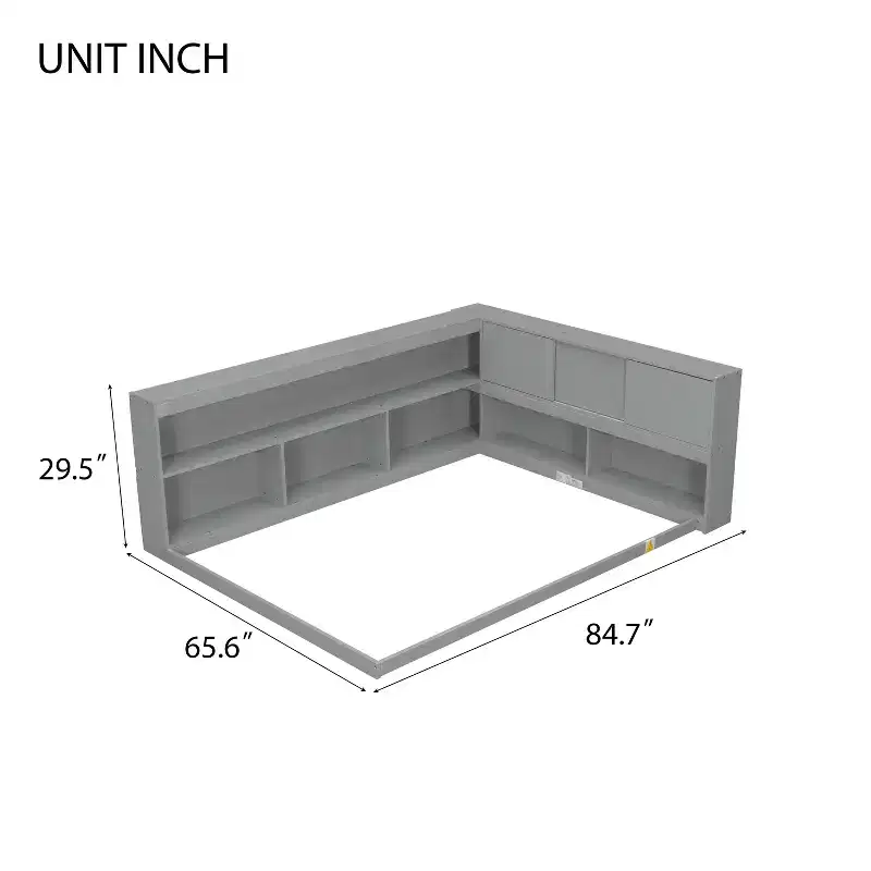 Full Size L Shaped Bed with Bookcase, Wood Daybed with Storage Bookcase Headboard, Full Size daybed Frame for Adults, Kids, Teens, Grey
