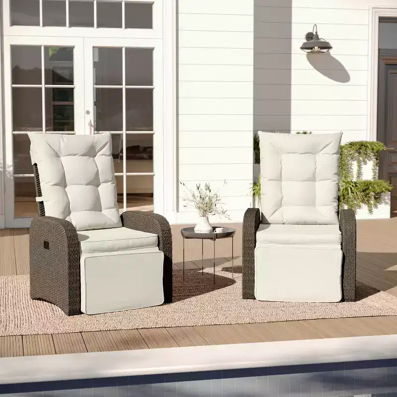 Merrick Lane Set of 2 Modern Style Patio Wicker Rattan Indoor/Outdoor Recliner Lounge Chairs with Side Tables and Adjustable Backs