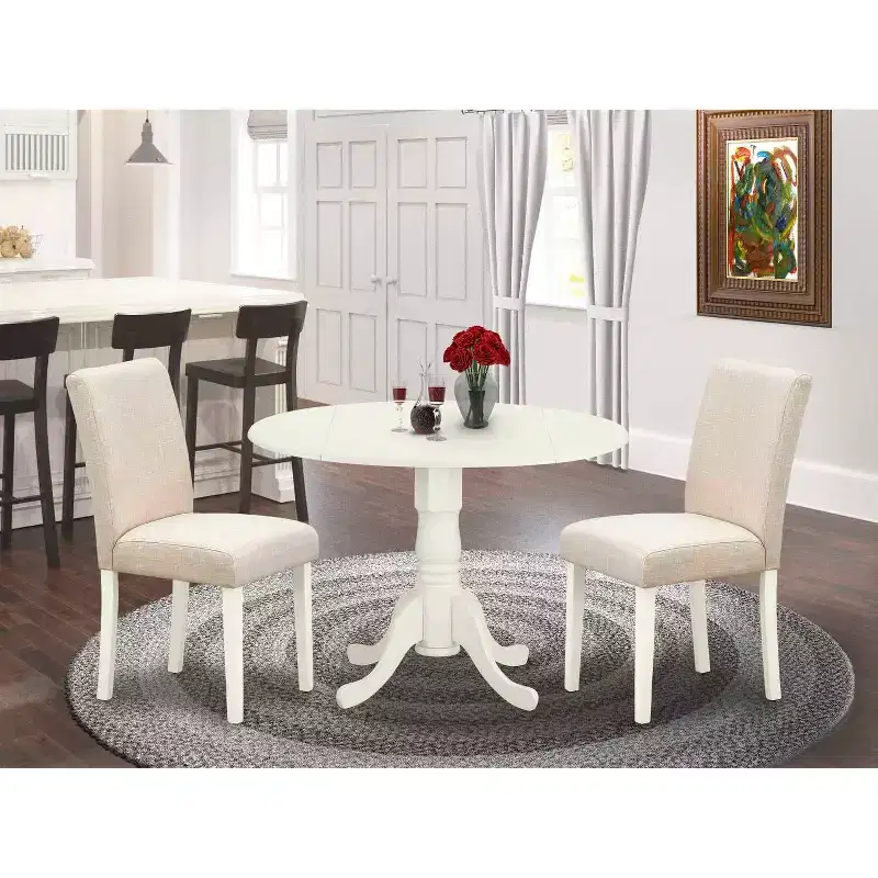 Round Dining Table Set 3pc 42 Table w/ Drop Leaves & 2 Parsons Chairs - Linen Beige Fabric