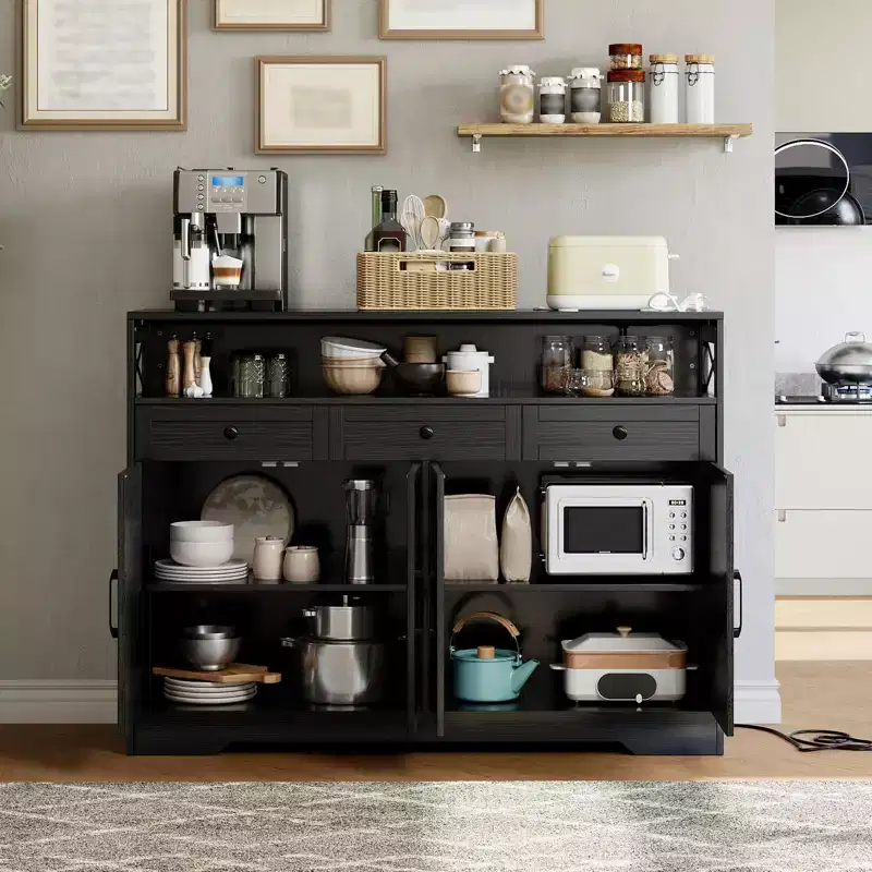 Farmhouse Buffet Sideboard Cabinet with Charging Station, 3 Drawers & 4 Barn Doors, 51