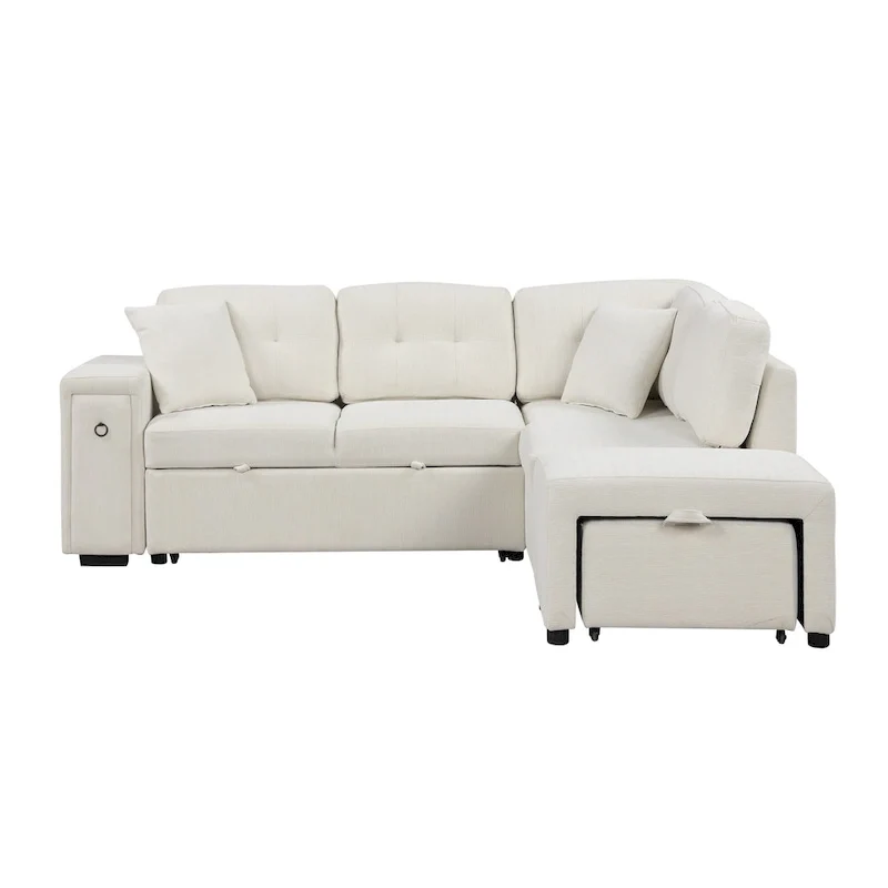 L-Shaped 4-Seat Sectional Sofa with Pull-Out Bed, Ottoman, USB Ports & Drop-Down Table