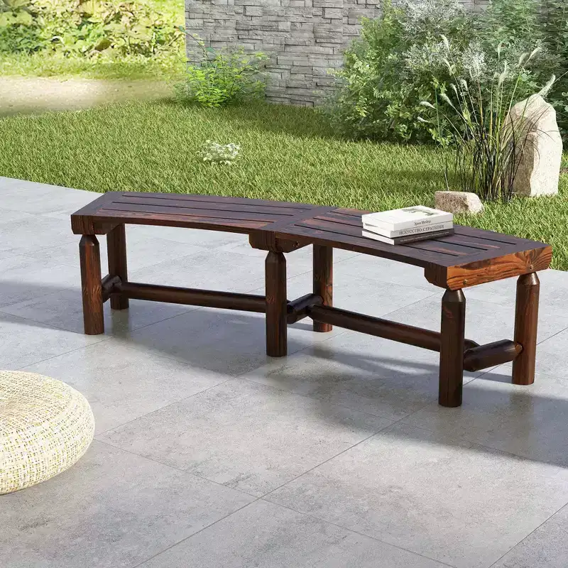 Costway Patio Curved Bench Carbonized Wood Dining Bench for Round Table 710 LBS Max Load