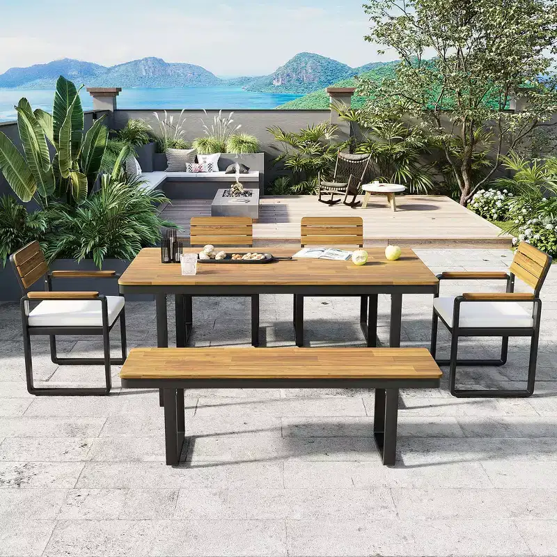 Whisen 6-Piece Outdoor Wood Dining Set for 6-7 Person, Patio Garden Dining Seating Set, 1 Rectangle Table & 1 Bench & 4 Chairs with Cushions