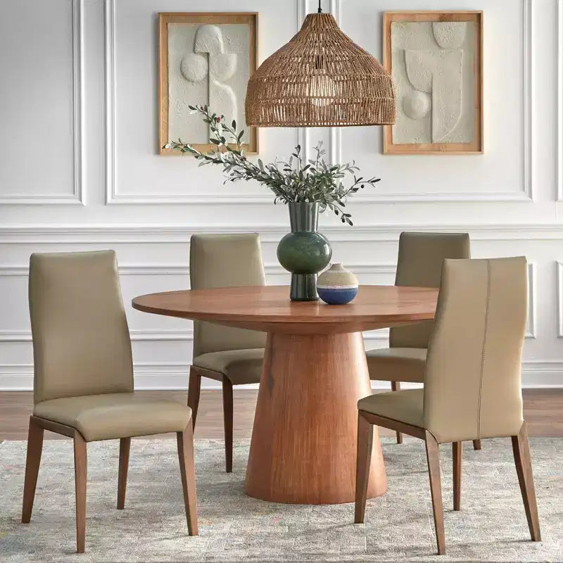 Nelda 5pc 59" Modern Round Dining Set Driftwood Table with Taupe Leather Dining Chairs