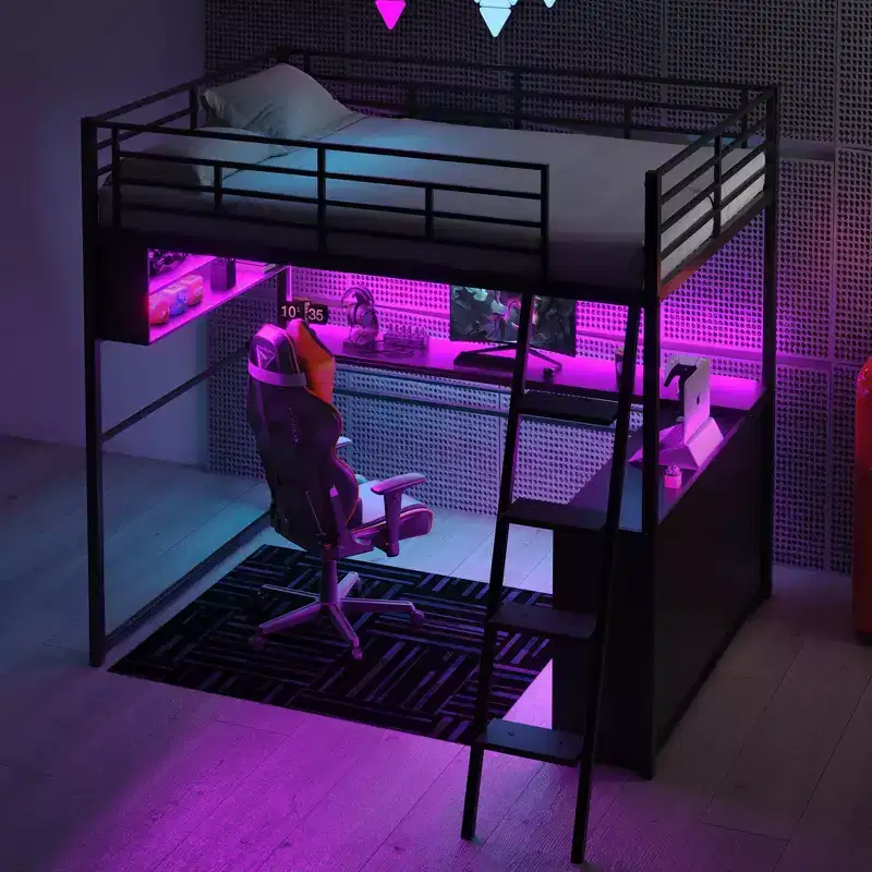 Whisen Metal Full Size Loft Bed with LED, Desk and 4 Storage Shelves