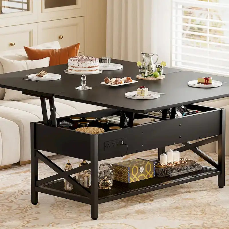 Lift Top Coffee Table with LED Lights and USB Port, Modern Farmhouse Convertible Dining Table