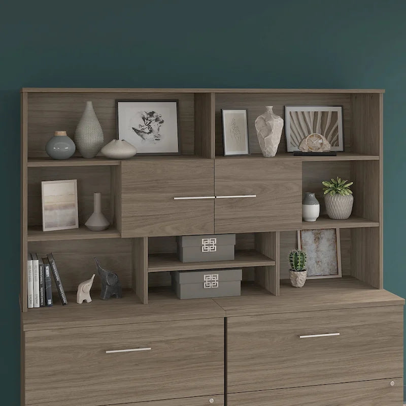 Wood Desk Hutch with Storage Cabinet and Adjustable Shelf