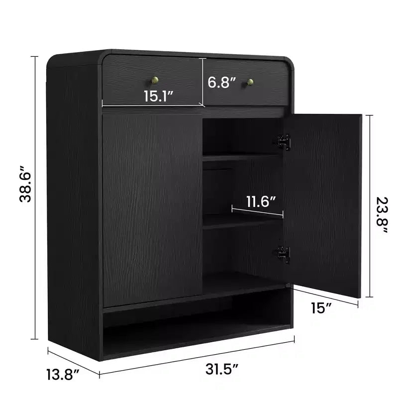 Modern Shoe Storage Cabinet, Wooden Entryway Shoe Organizer with 2 Drawers & Adjustable Shelves, Freestanding Shoe Rack for Living Room Bedroom