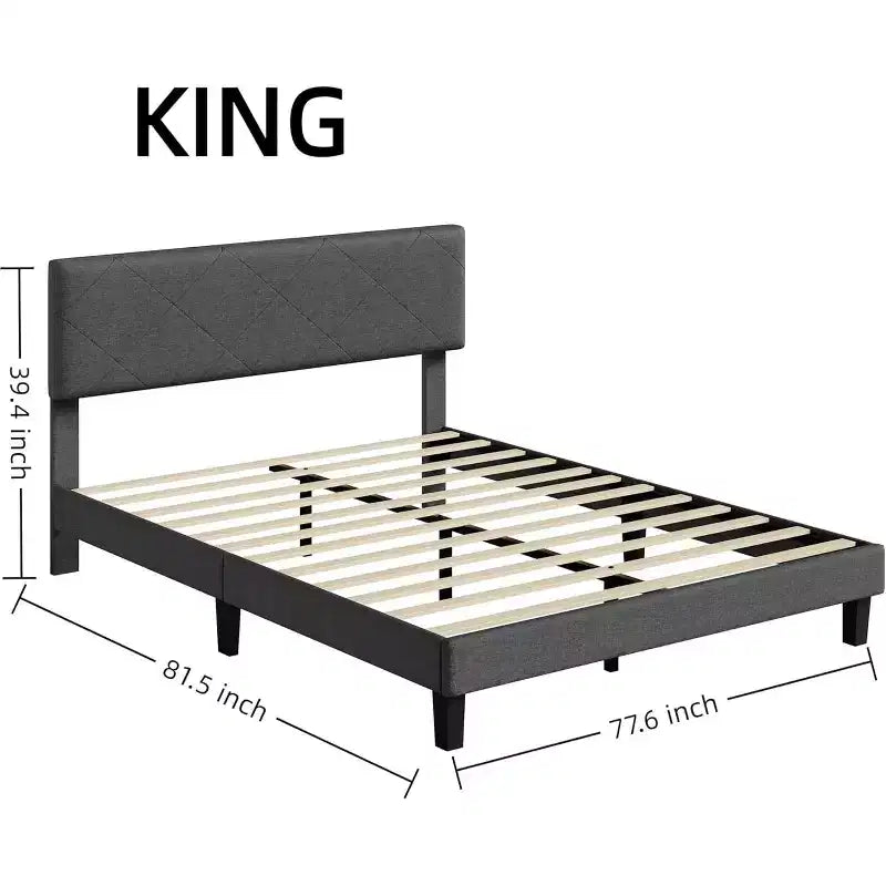 King Size Bed Frame with Upholstered Headboard, King Size Platform Bed Frame with Wooden Slat Support, No Box Spring Needed & Noise Free