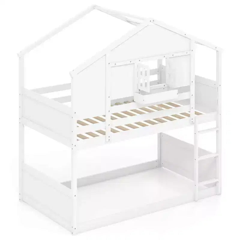 Costway Twin Over Twin Bunk Bed for Kids with Roof Lockable Window Storage Box Wood Slats