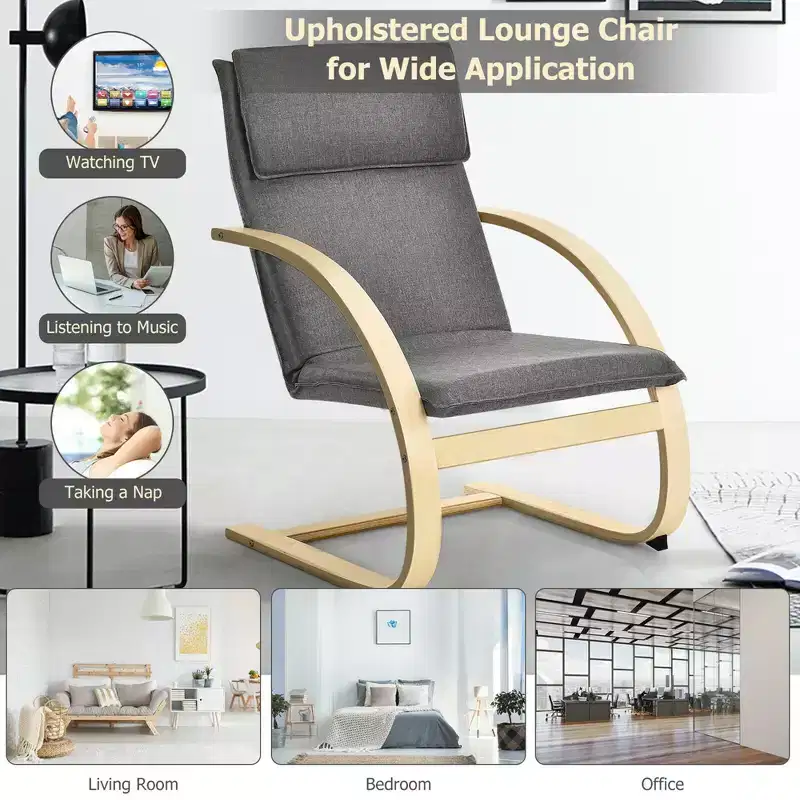 Costway Modern Bentwood Lounge Chair Fabric Upholstered Accent Leisure Armchair Gray