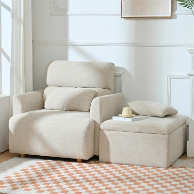 ModernLuxe Upholstered Chaise Lounge with Storage Ottoman, Wide Accent Chair Armchair Lazy Single Sofa Reading Couch Chair, Gray/Beige
