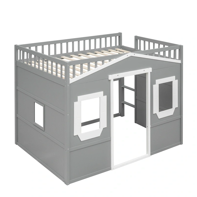 House Loft Bed With Ladder-Gray+White Frame