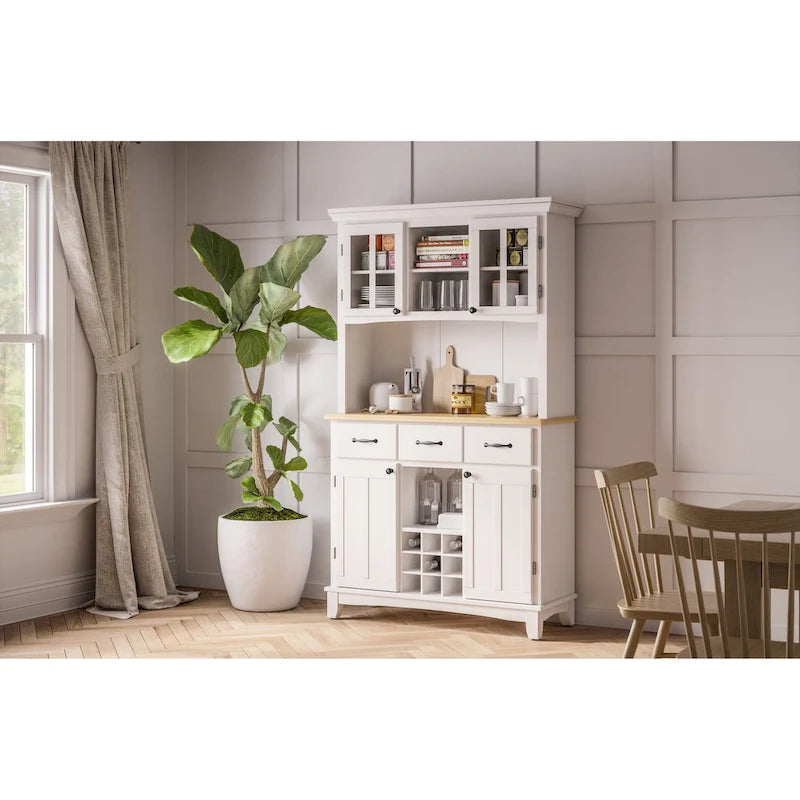 Off-White Server with Hutch & Wood Top