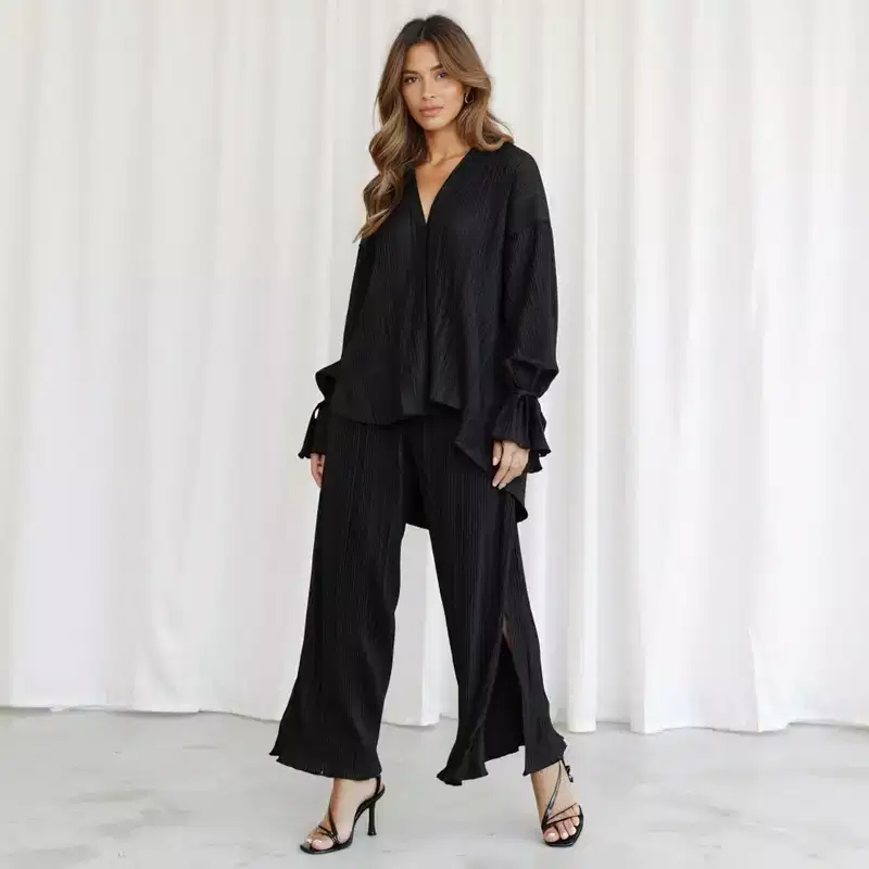 Knit & Lounge Womens Pleated Collared Button-Down Top with Long Sleeves and Wide-Leg Slit Pants Set
