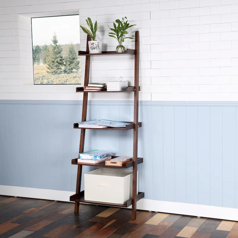 5-Tier Leaning Ladder Shelf Bookcase with Solid Wood Legs