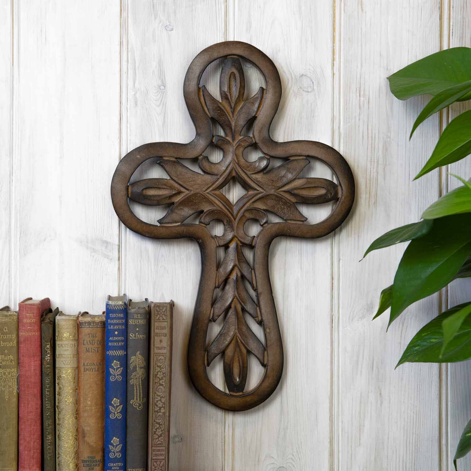 Carved Mango Wood Cross Plaque