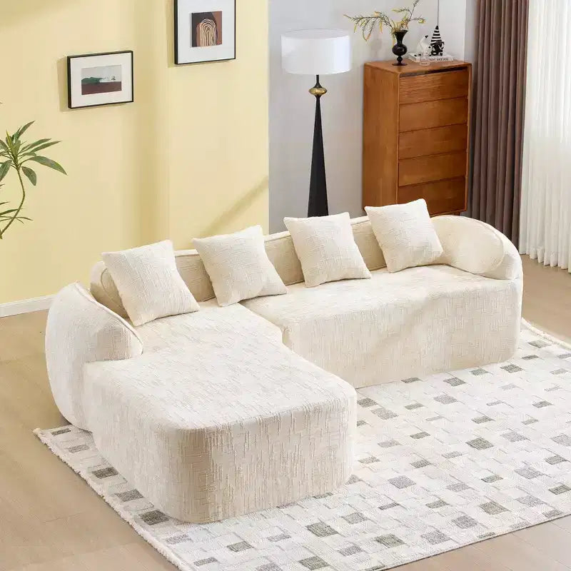 Clihome High-Elastic Chenille L-Shaped Sofa - Curved Armrests & 4 Free Pillows Included