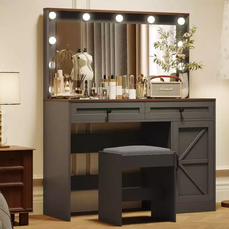 47 Vanity Table with Drawers and Lights, Makeup Vanity Table with Large Mirror and 11 LED Light and 3 Drawers, Black