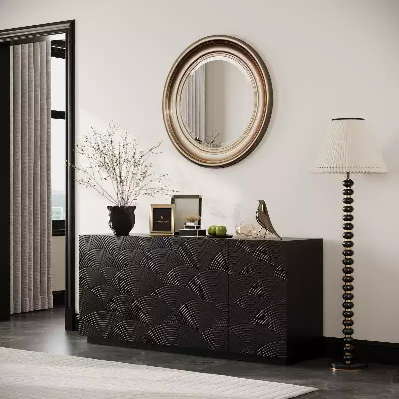 JVNOXK 59-inch Four-Door Modern Sideboard, Rectangular Storage Cabinet with Independent Anti-Tip Device, Suitable for Kitchens, Black