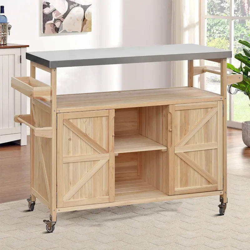 Rolling Kitchen Island with Stainless Steel Top X-Pattern Barn Doors Open Shelves and Hooks