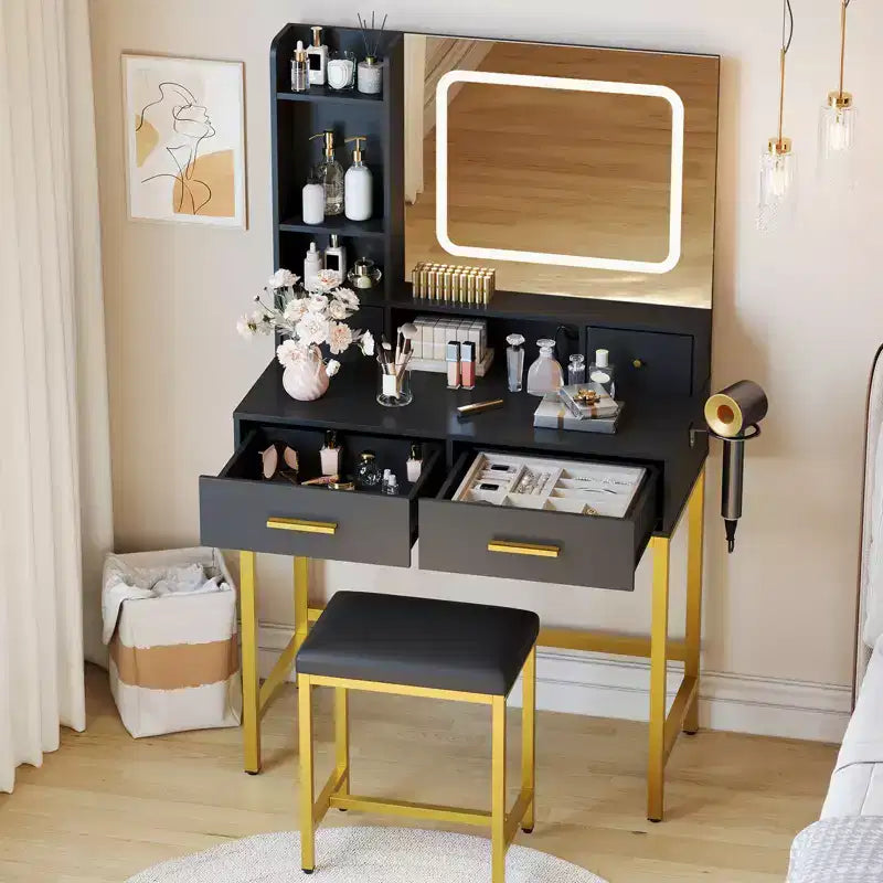 GustoWave Modern Vanity Desk with Mirror, 4 Drawers 2 Shelves Makeup Table for Bedroom Dressing Room, Black