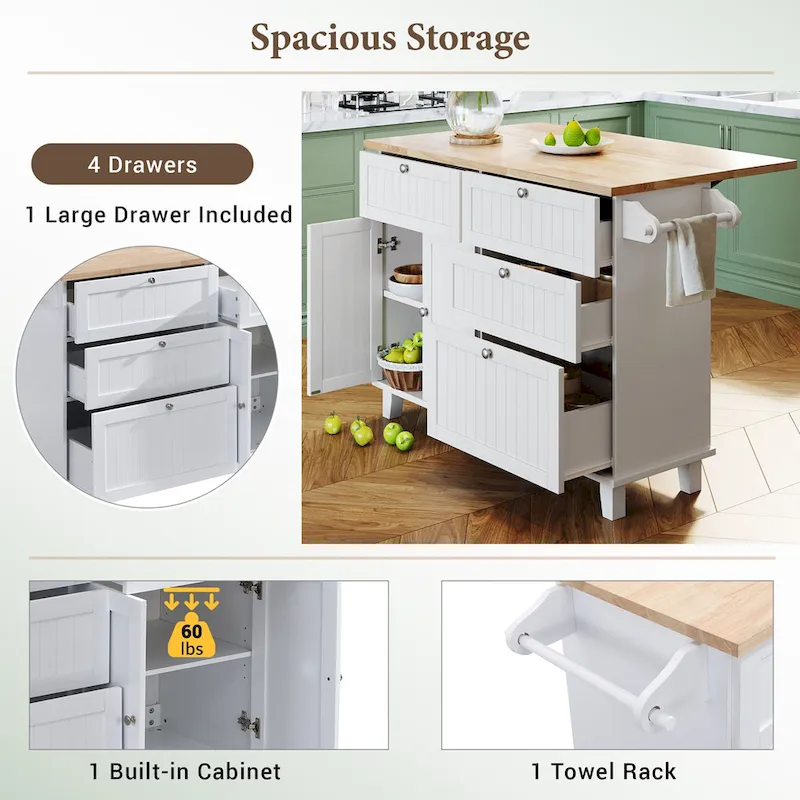 TOPMAX Kitchen Island Set with Drop Leaf and 2 Seatings, Dining Table Set with Adjustable Shelf, Drawers and Towel Rack