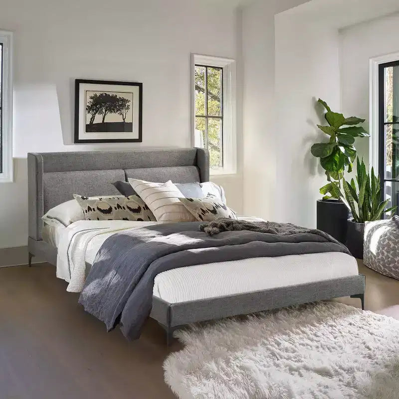 Queen Fabric Platform Bed, Gray with Black Metal Legs