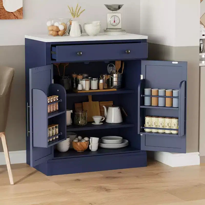 Freestanding Kitchen Pantry Cabinet with Faux Marble Top