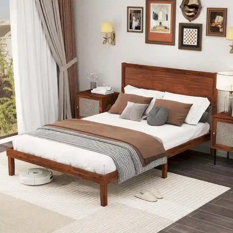 Rustic Solid Wood Platform Bed Frame with Tall Headboard & Under-Bed Storage