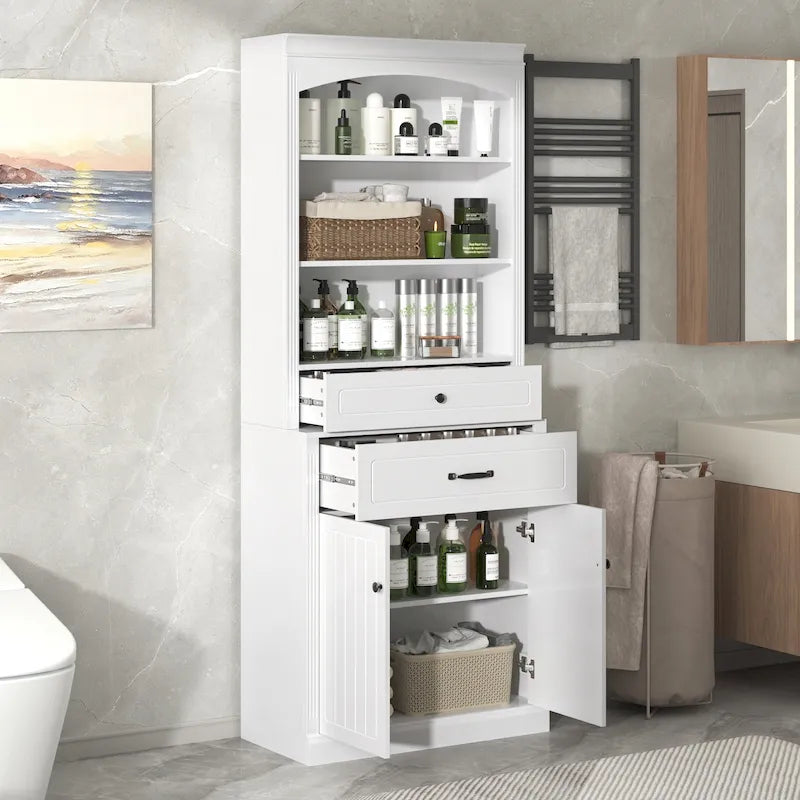 White Bathroom Storage Cabinet with Doors, Drawers, Adjustable Shelves and Open Shelves
