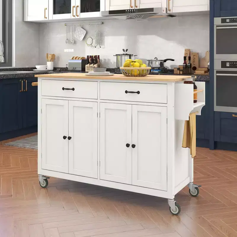 Whisen Modern Wood Kitchen Island with Spice Rack and Drawers