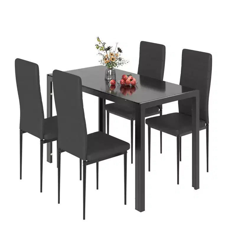 EROMMY Ebern Designs 5-Piece Glass Top Dining Table Set, Kitchen Table And 4 Luxury Faux Leather Chairs, Black