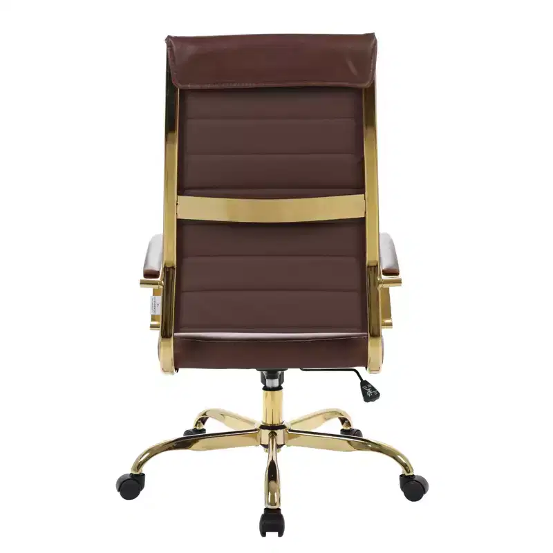 LeisureMod Benmar High-Back Ribbed Leather Office Chair - Modern Swivel & Tilt Executive Desk Chair - Gold Base